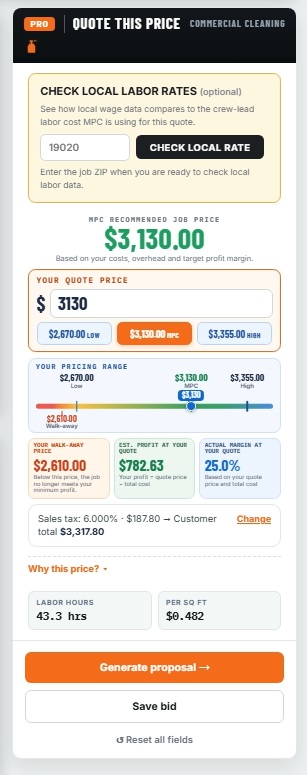 MPC PRO Commercial Cleaning quote screen showing recommended price, pricing range, profit, margin and walk-away price
