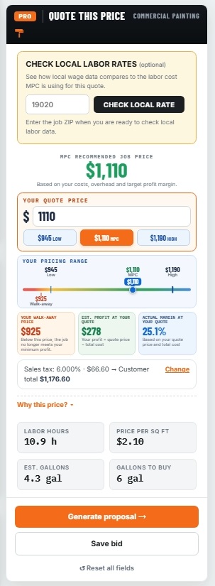 MPC PRO Commercial Painting quote screen showing recommended price, pricing range, profit, margin and walk-away price
