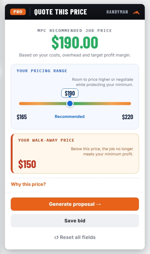 Real MPC PRO Handyman quote screen showing recommended price, pricing range and walk-away price