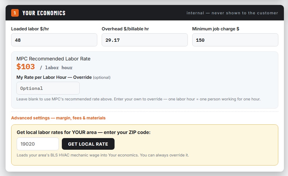 MPC PRO HVAC business costs and local labor rate screen