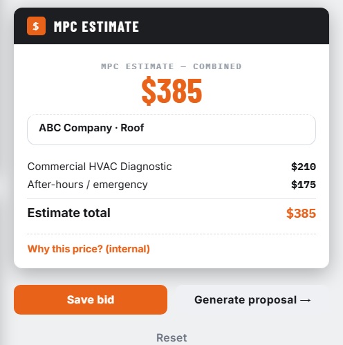 Actual MPC PRO HVAC estimate showing a commercial HVAC diagnostic and after-hours charge
