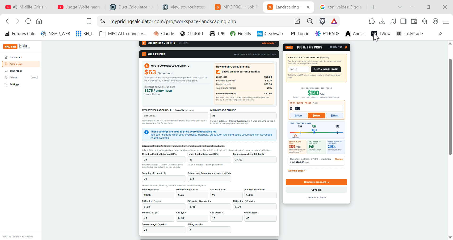 MPC PRO Landscaping advanced pricing settings with labor cost, helper cost, overhead, target margin and production rates