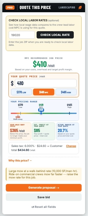 MPC PRO Landscaping quote screen showing recommended price, pricing range, profit, margin and walk-away price