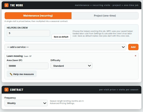 MPC PRO Landscaping work screen showing recurring maintenance, crew helpers and lawn mowing job details
