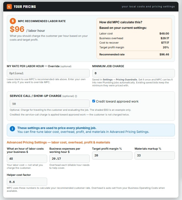 MPC PRO Plumbing advanced pricing settings showing labor cost, business overhead, target profit margin and materials markup
