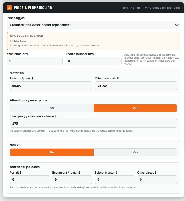 MPC PRO Plumbing job pricing screen with job selection, suggested labor, materials, emergency charge, helper and direct job costs