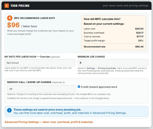 MPC PRO Plumbing Your Pricing screen showing recommended labor rate, minimum charge, service-call charge and pricing settings