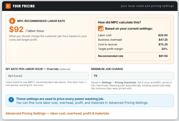 MPC PRO Power Washing Your Pricing screen showing recommended labor rate, minimum charge and advanced pricing settings